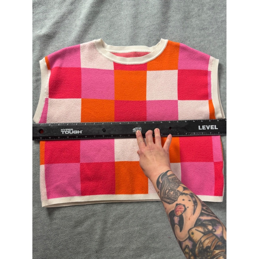 Pink Orange Checkered Knit Sweater Vest Sleeveless Colorblock Crewneck Pullover - Picture 5 of 6